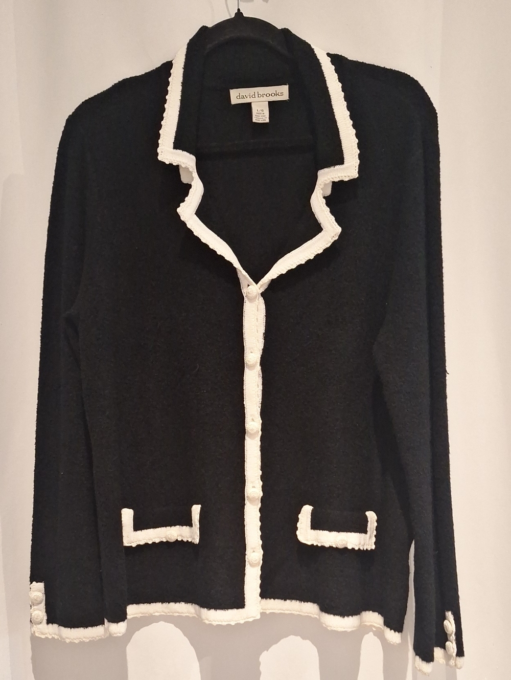 Vintage david brooks Black Lady Jacket Style Cardigan with White Trim